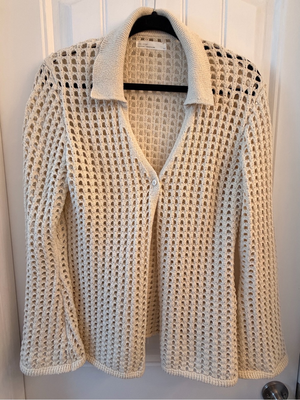 OAK + FORT Cream Open-Weave Collared Cardigan
